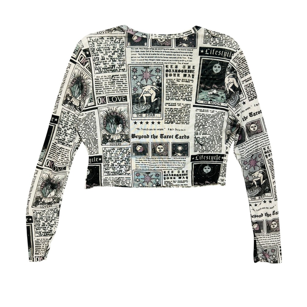 Tarot Card Newspaper Print Mesh Crop Top Long Sleeve XL Whimsigoth Celestial Y2K
